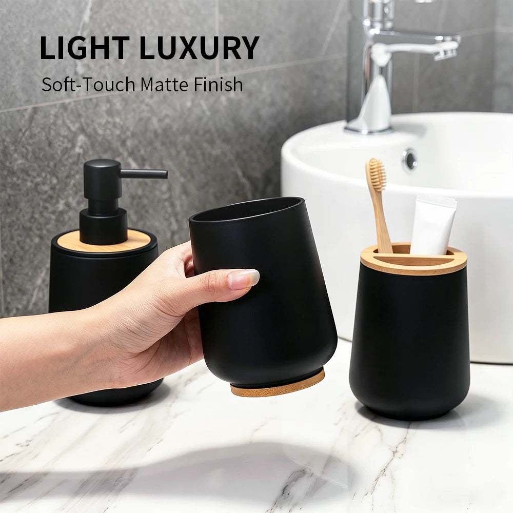 3Pcs/set Soft-Touch Coating Bathroom Accessory Set 300ML ABS Soap Dispenser Toothbrush Holder Cup with Bamboo Lid Luxury Design