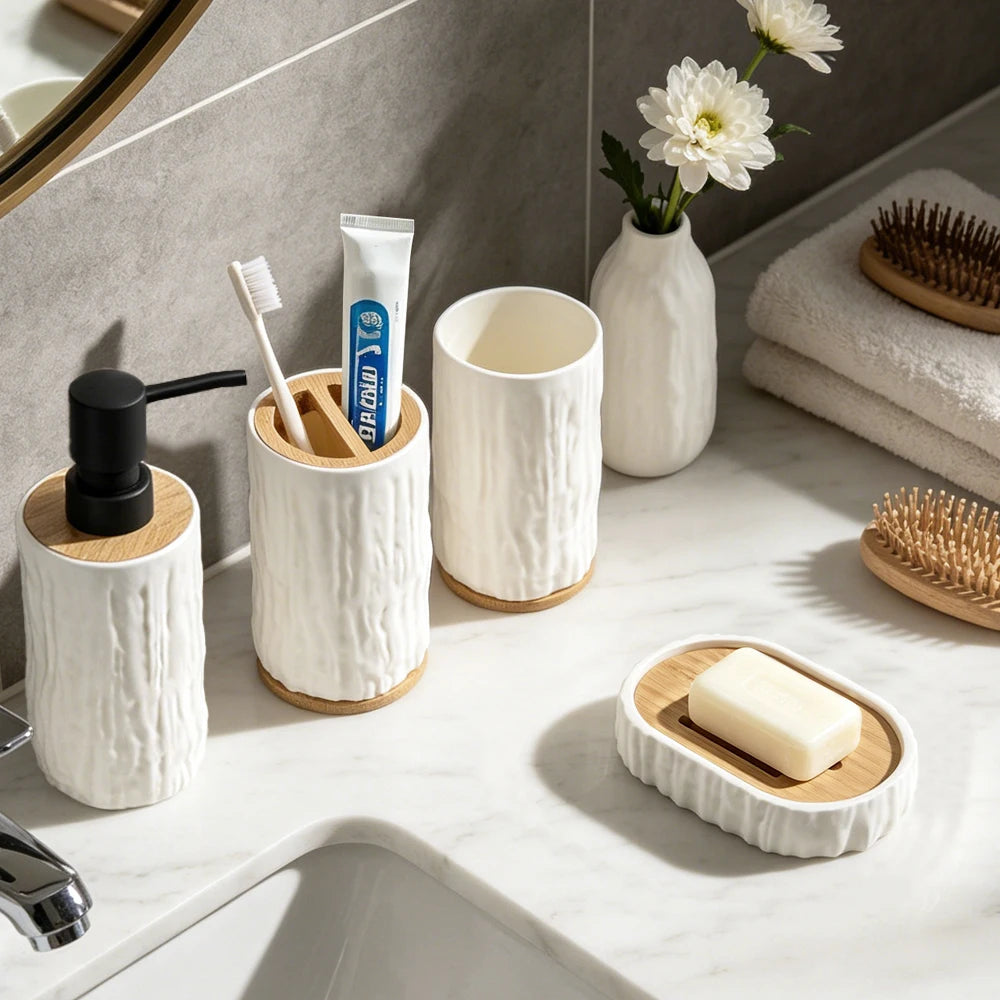 4Pcs White Bathroom Accessories Set 300ML ABS with Bamboo Bark Texture Design Soap Dispenser Toothbrush Holder Cup Soap Dish
