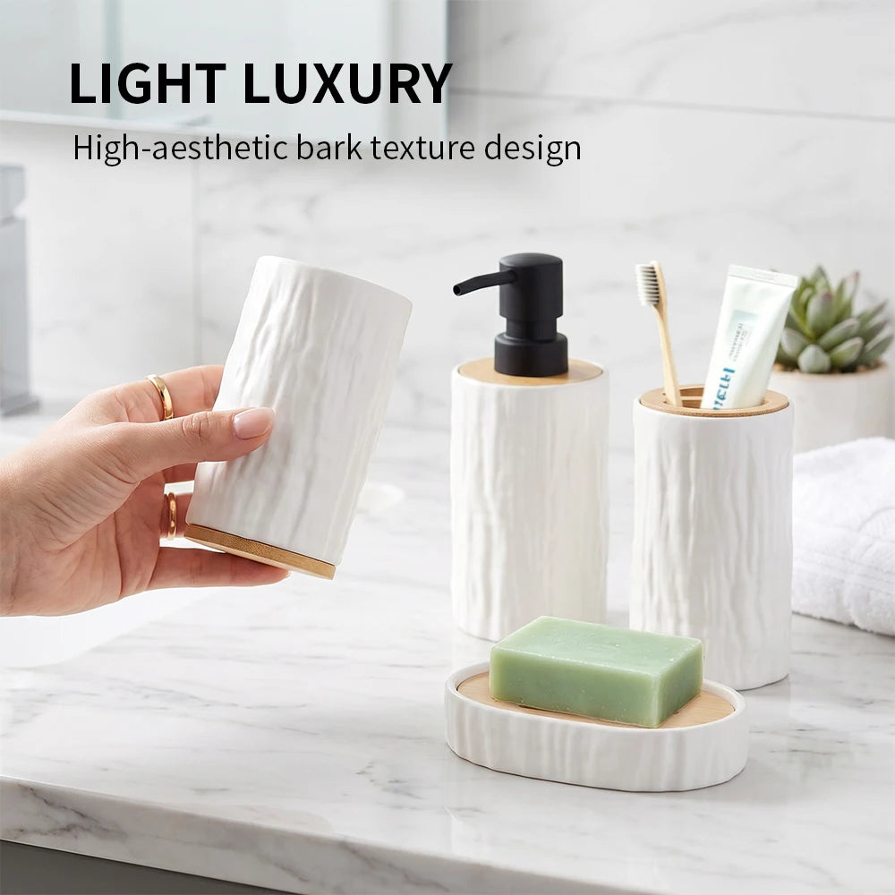 4Pcs White Bathroom Accessories Set 300ML ABS with Bamboo Bark Texture Design Soap Dispenser Toothbrush Holder Cup Soap Dish