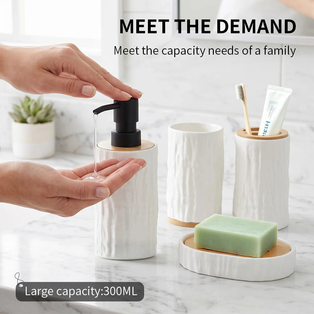 4Pcs White Bathroom Accessories Set 300ML ABS with Bamboo Bark Texture Design Soap Dispenser Toothbrush Holder Cup Soap Dish