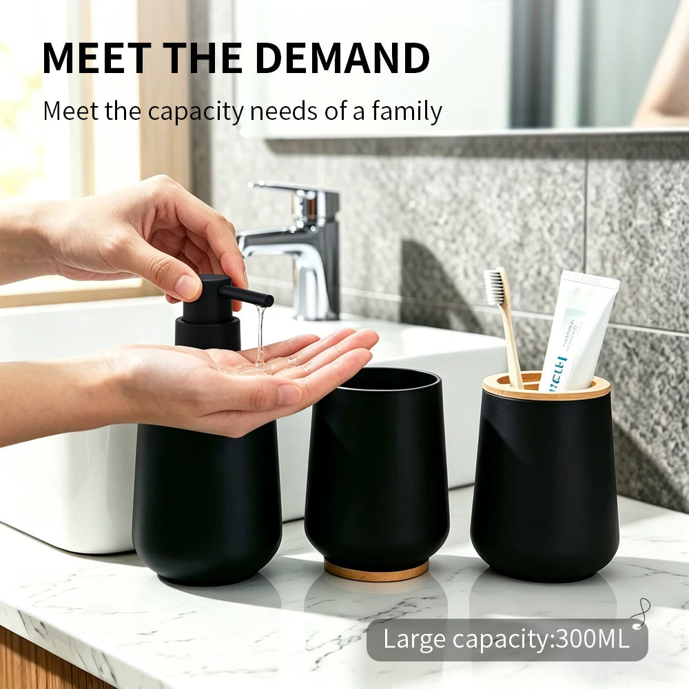 3Pcs/set Soft-Touch Coating Bathroom Accessory Set 300ML ABS Soap Dispenser Toothbrush Holder Cup with Bamboo Lid Luxury Design