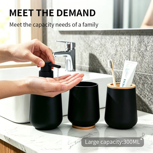 3Pcs/set Soft-Touch Coating Bathroom Accessory Set 300ML ABS Soap Dispenser Toothbrush Holder Cup with Bamboo Lid Luxury Design