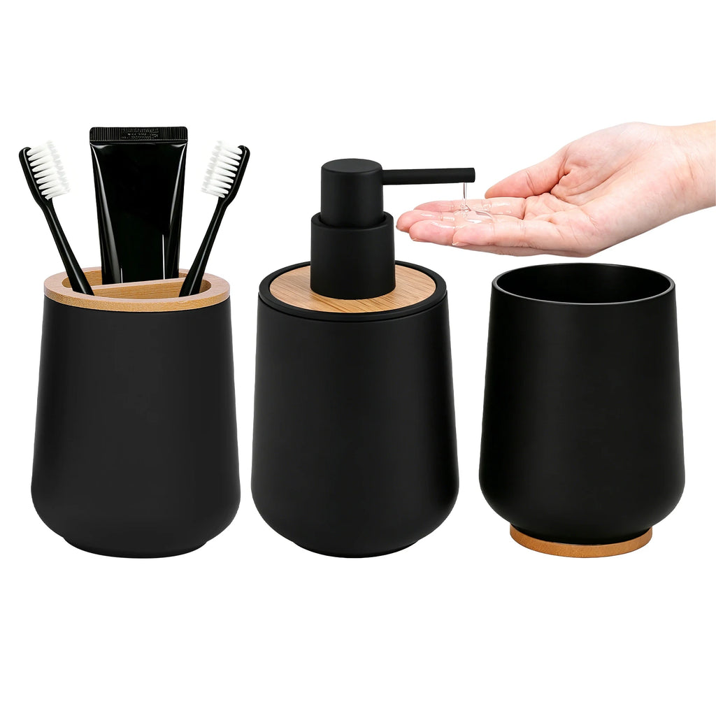 3Pcs/set Soft-Touch Coating Bathroom Accessory Set 300ML ABS Soap Dispenser Toothbrush Holder Cup with Bamboo Lid Luxury Design